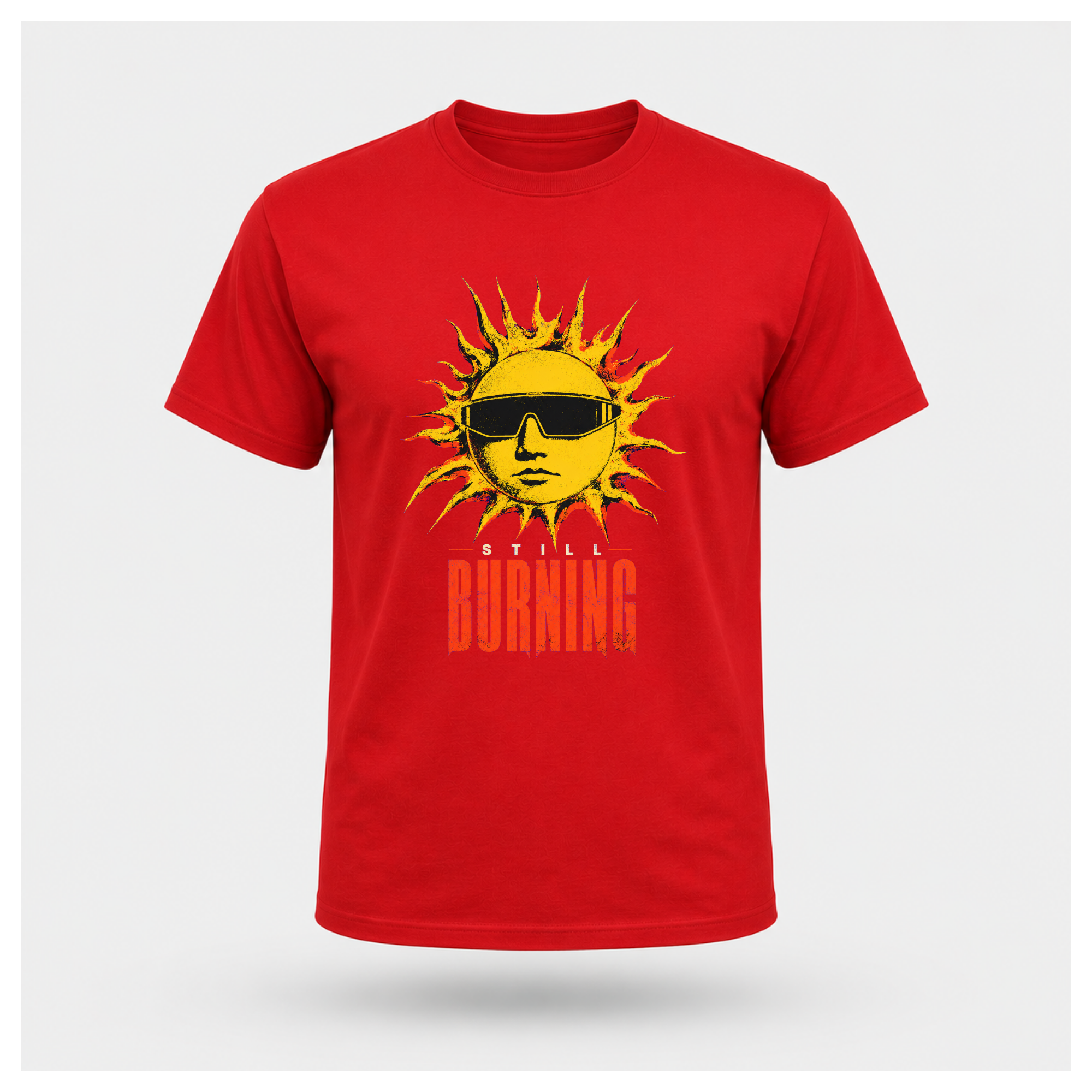 Red floating male form showing the front of the Red Still Burning Street Code T-shirt with the Street Code artwork on the front, by RIOTTEES.
