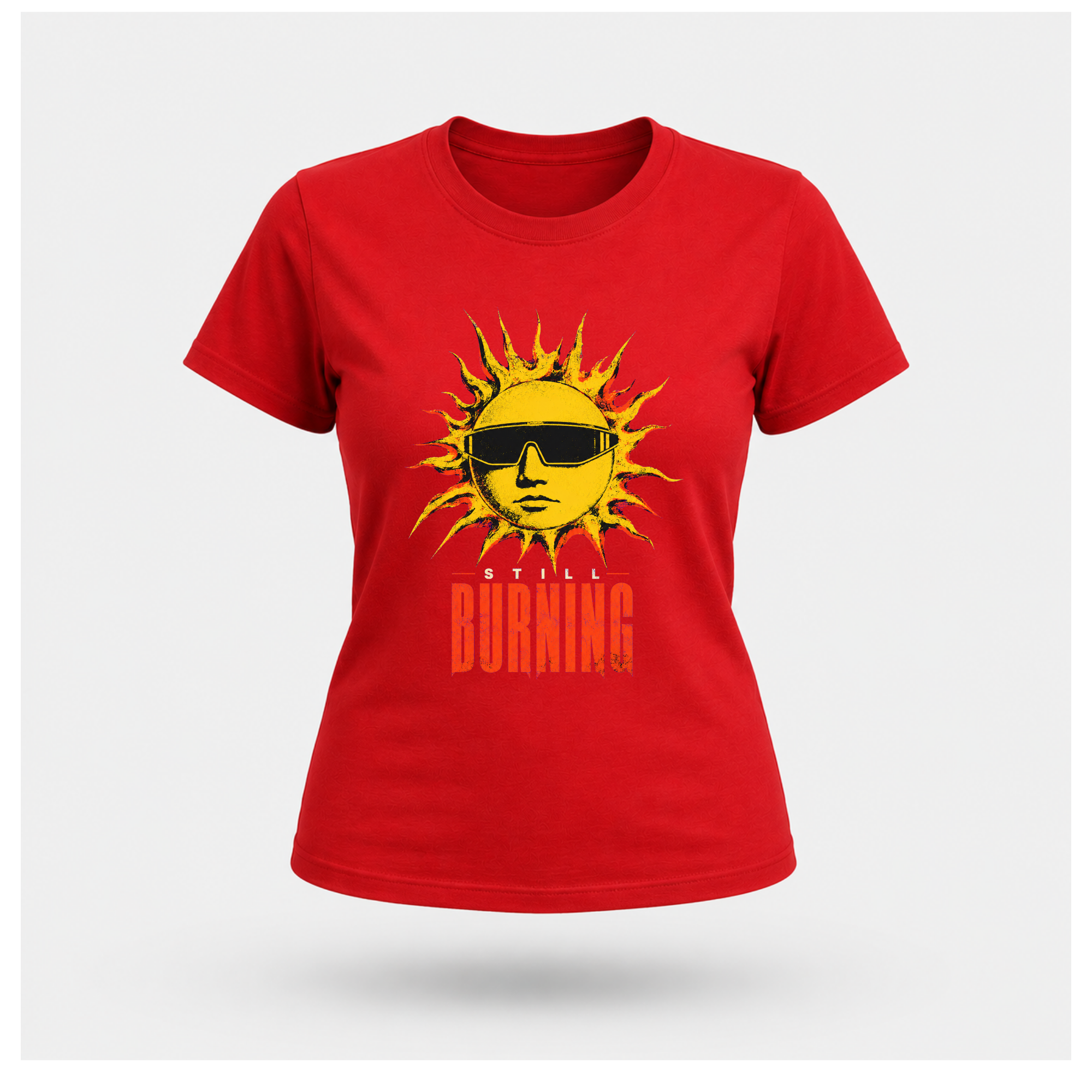 Red floating female form showing the front of the Red Still Burning Street Code T-shirt with the Street Code artwork on the front, by RIOTTEES.