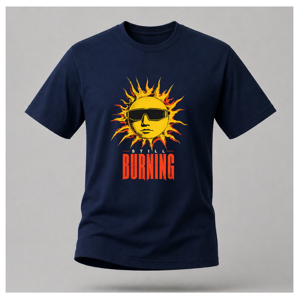 Navy Blue floating male form showing the front of the Navy Blue Still Burning Street Code T-shirt with the Street Code artwork on the front, by RIOTTEES.