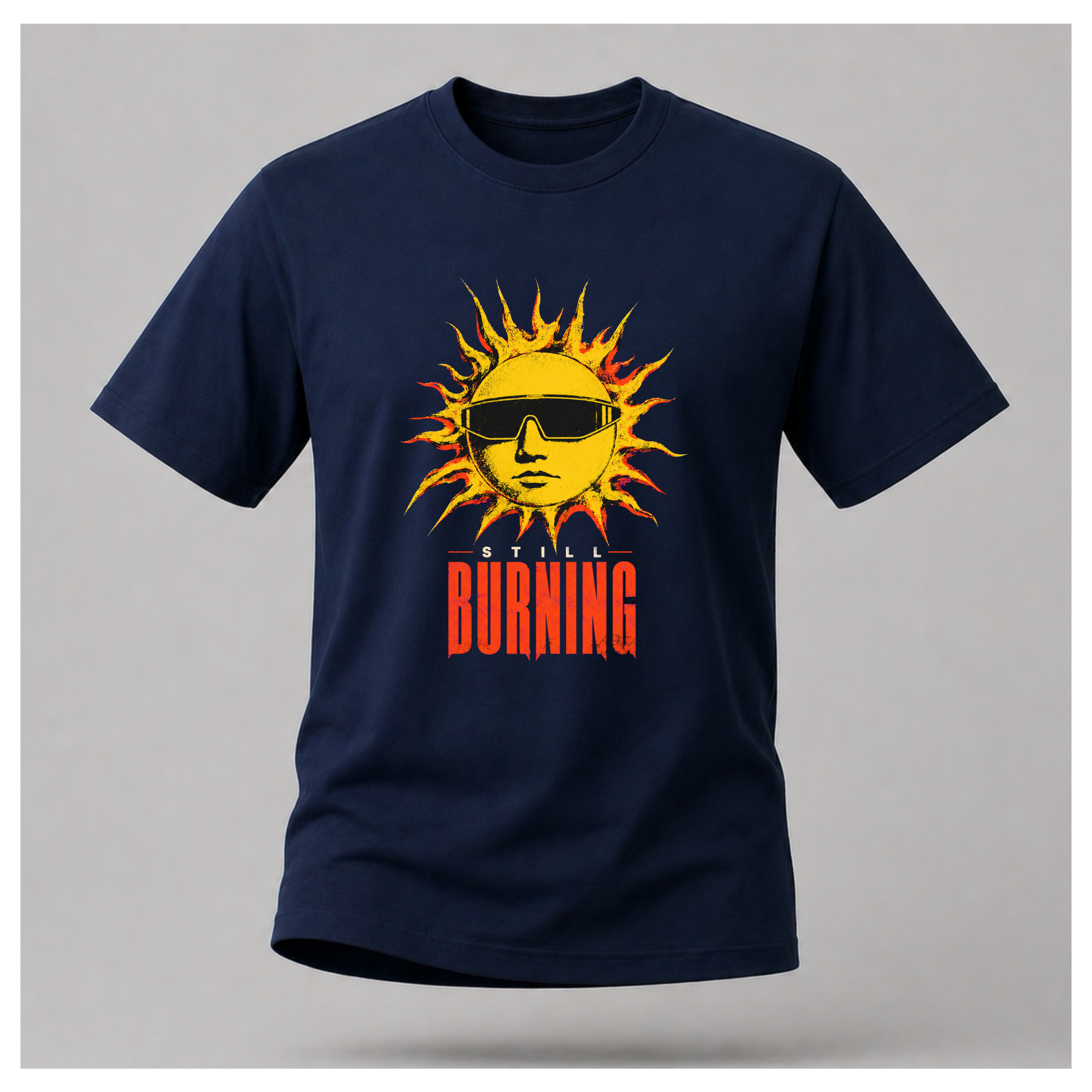 Navy Blue floating male form showing the front of the Navy Blue Still Burning Street Code T-shirt with the Street Code artwork on the front, by RIOTTEES.