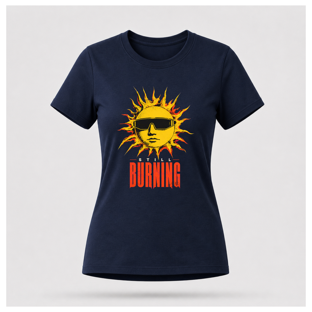 Navy Blue floating female form showing the front of the Navy Blue Still Burning Street Code T-shirt with the Street Code artwork on the front, by RIOTTEES.