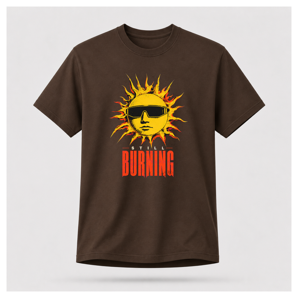 Chocolate Brown floating male form showing the front of the Chocolate Brown Still Burning Street Code T-shirt with the Street Code artwork on the front, by RIOTTEES.