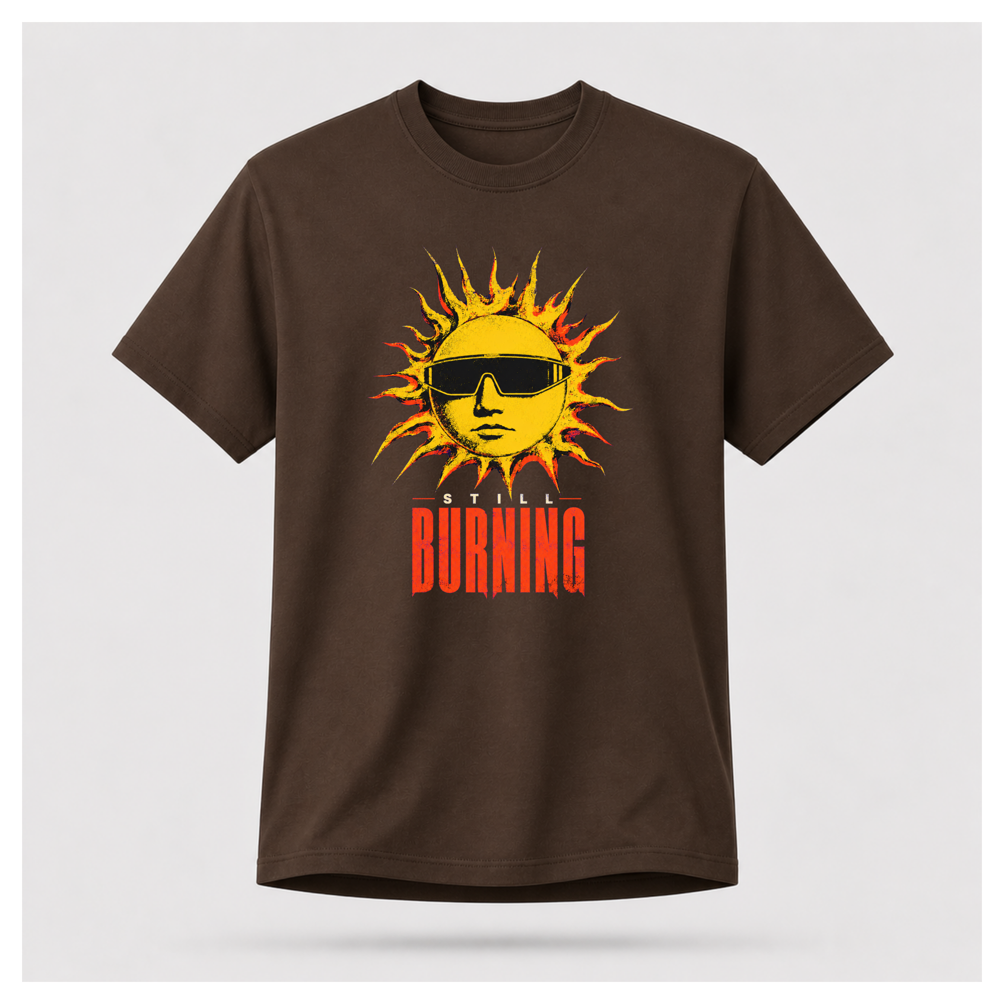 Chocolate Brown floating male form showing the front of the Chocolate Brown Still Burning Street Code T-shirt with the Street Code artwork on the front, by RIOTTEES.
