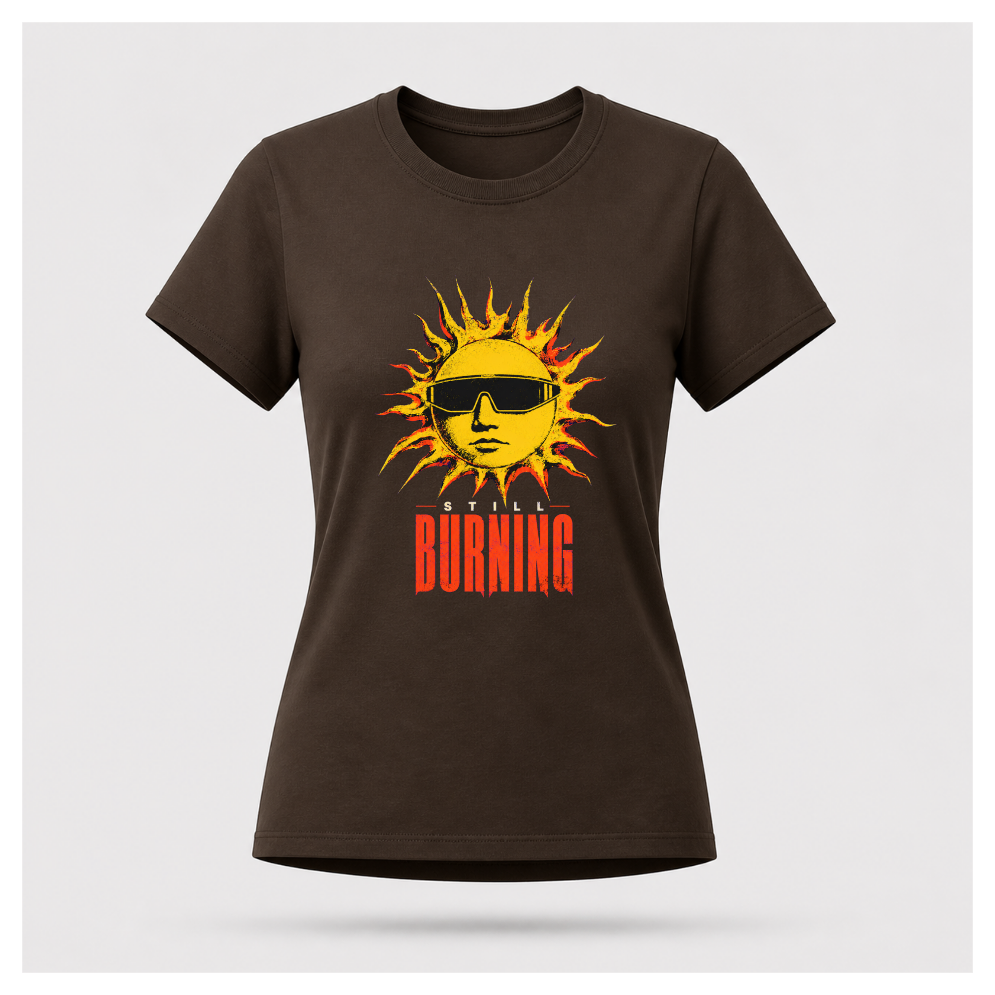 Chocolate Brown floating female form showing the front of the Chocolate Brown Still Burning Street Code T-shirt with the Street Code artwork on the front, by RIOTTEES.