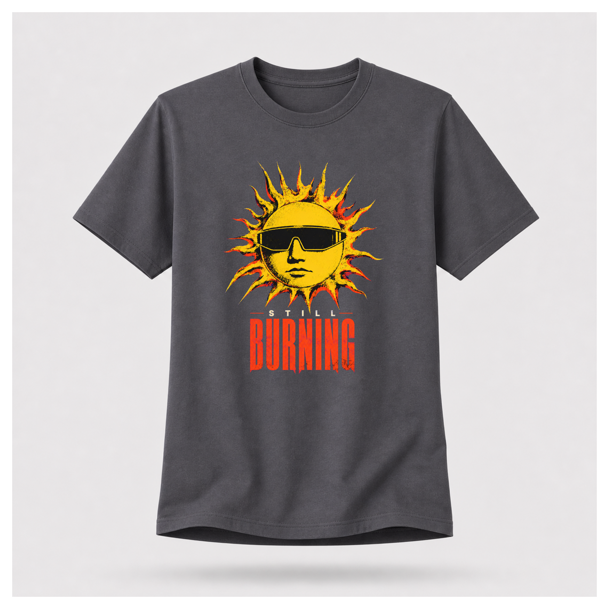Charcoal Grey floating male form showing the front of the Charcoal Grey Still Burning Street Code T-shirt with the Street Code artwork on the front, by RIOTTEES.