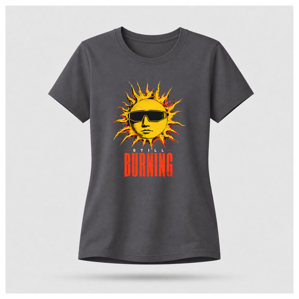 Charcoal Grey floating female form showing the front of the Charcoal Grey Still Burning Street Code T-shirt with the Street Code artwork on the front, by RIOTTEES.