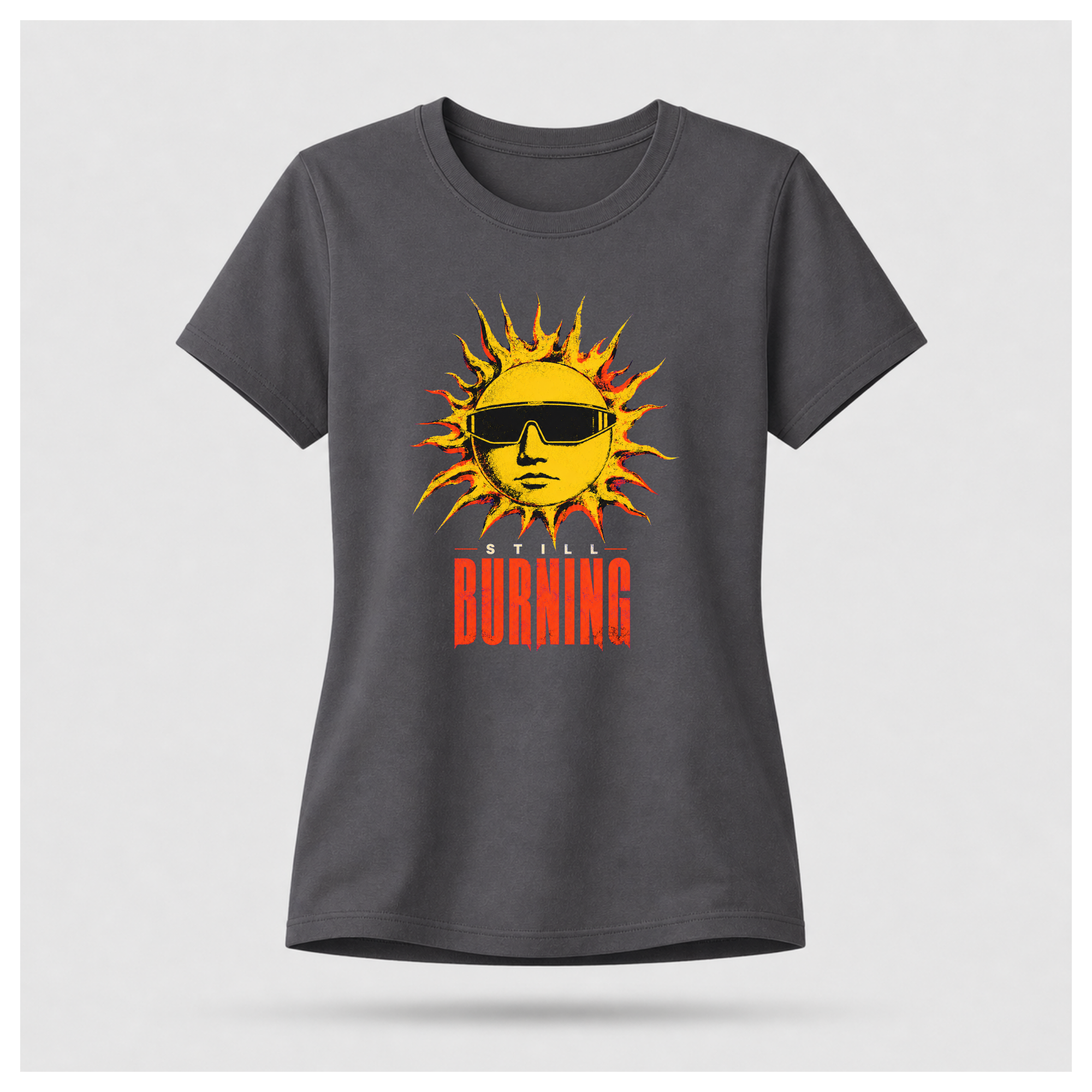 Charcoal Grey floating female form showing the front of the Charcoal Grey Still Burning Street Code T-shirt with the Street Code artwork on the front, by RIOTTEES.