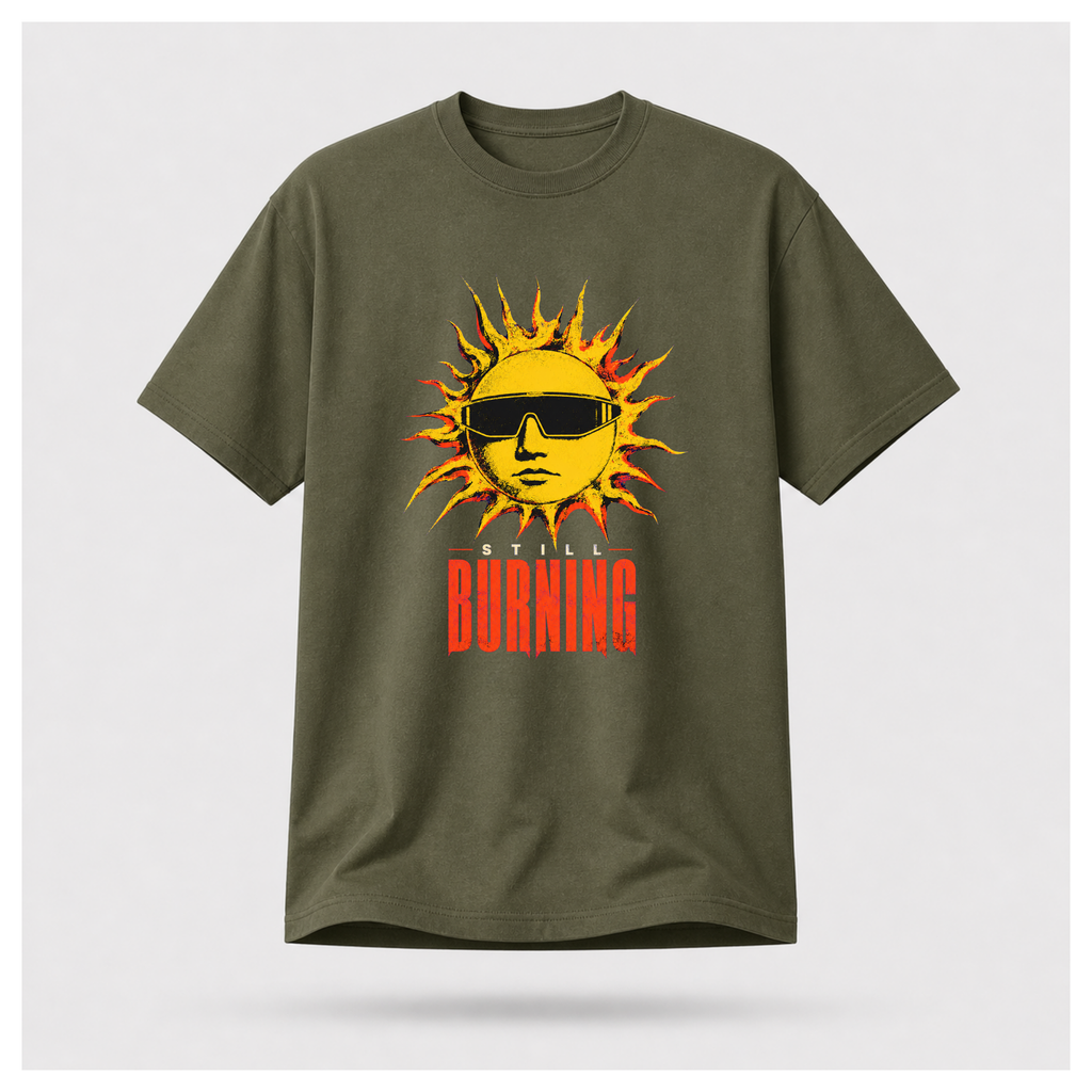 Military Green floating male form showing the front of the Military Green Still Burning Street Code T-shirt with the Street Code artwork on the front, by RIOTTEES.