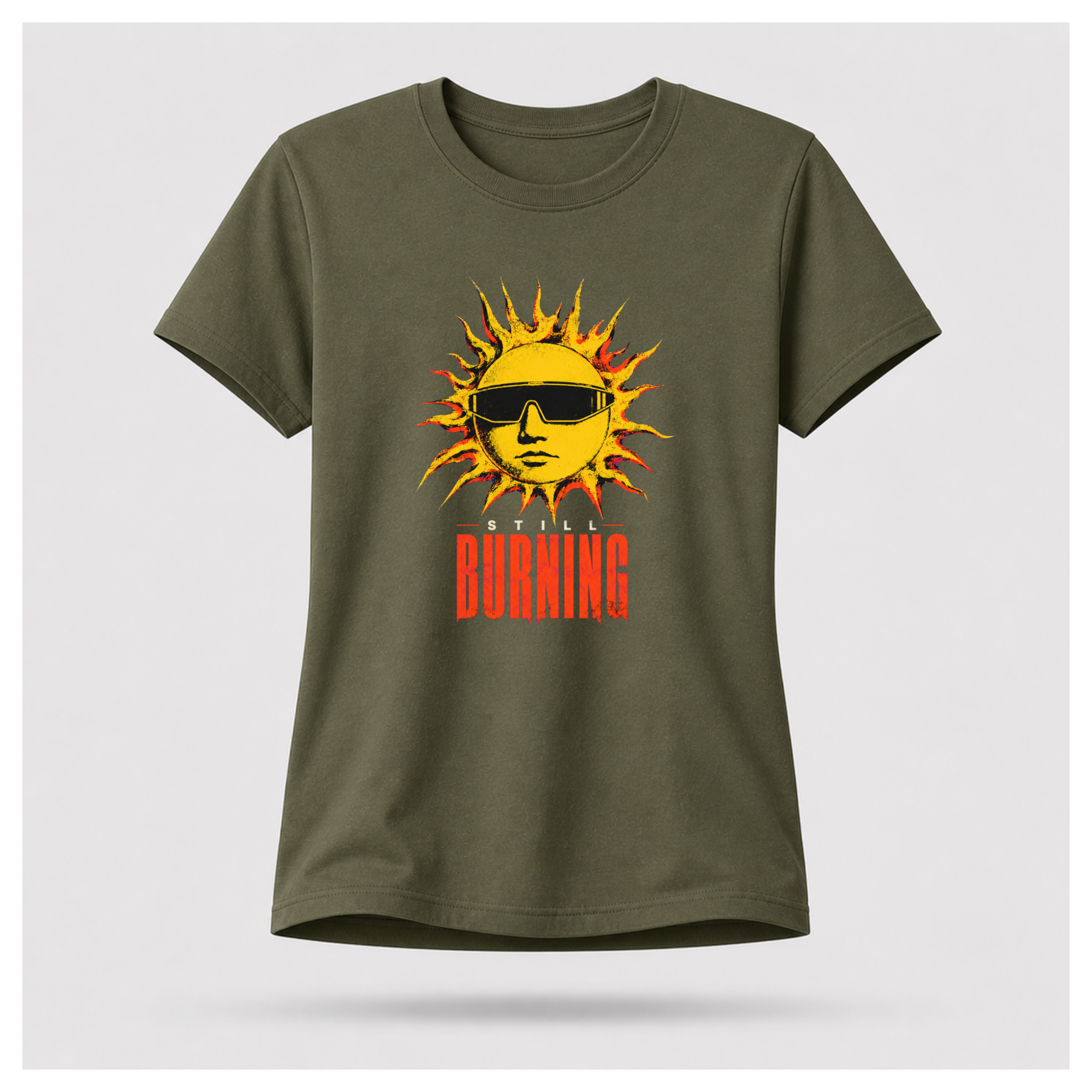 Military Green floating female form showing the front of the Military Green Still Burning Street Code T-shirt with the Street Code artwork on the front, by RIOTTEES.