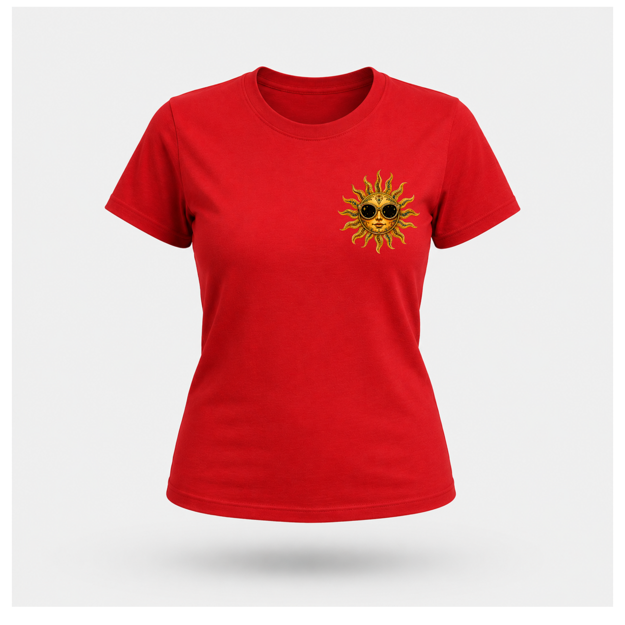 Front of a floating female form wearing the Red Still Burning Sun Spirit Tee featuring a small golden sun wearing sunglasses printed on the left chest by RIOTTEES.