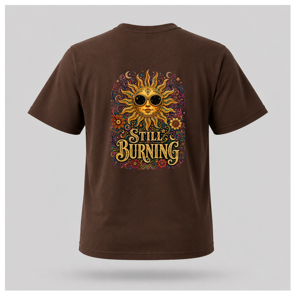 Back of a floating male form wearing the Chocolate Brown Still Burning Sun Spirit Tee featuring an ornate celestial sun with floral artwork and the words "Still Burning" by RIOTTEES.