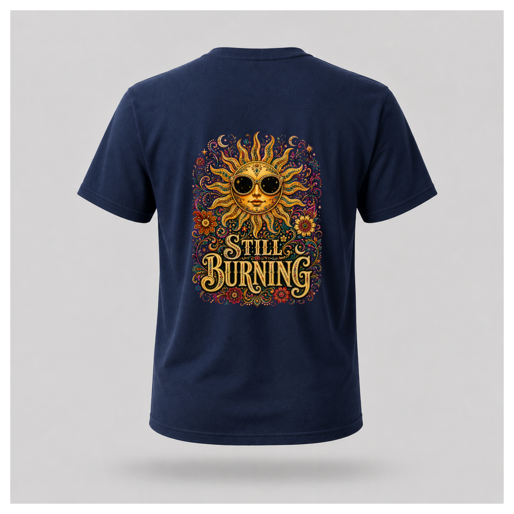 Back of a floating male form wearing the Navy Blue Still Burning Sun Spirit Tee featuring an ornate celestial sun with floral artwork and the words "Still Burning" by RIOTTEES.