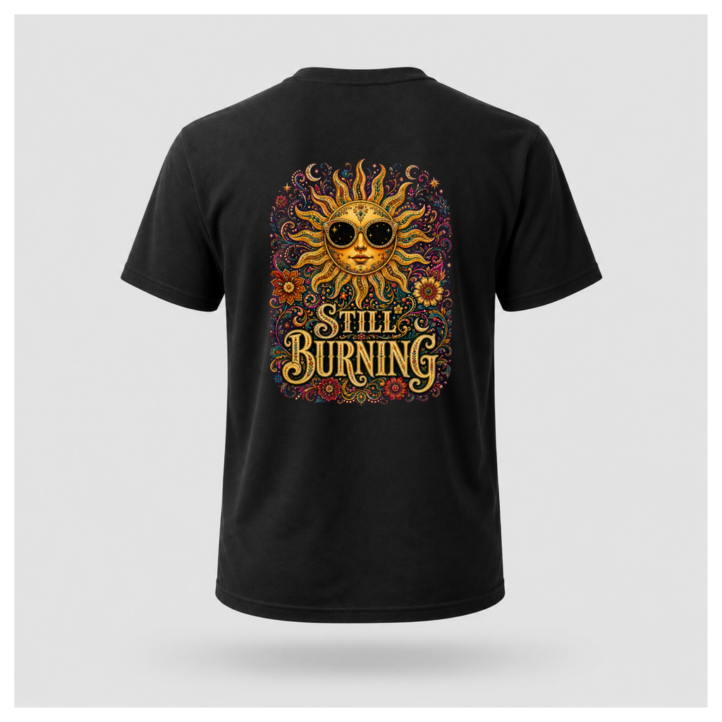 Back of a floating male form wearing the Black Still Burning Sun Spirit Tee featuring an ornate celestial sun with floral artwork and the words "Still Burning" by RIOTTEES.