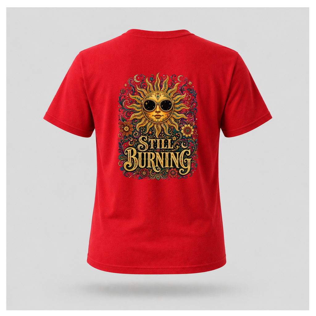Back of a floating male form wearing the Red Still Burning Sun Spirit Tee featuring an ornate celestial sun with floral artwork and the words "Still Burning" by RIOTTEES.