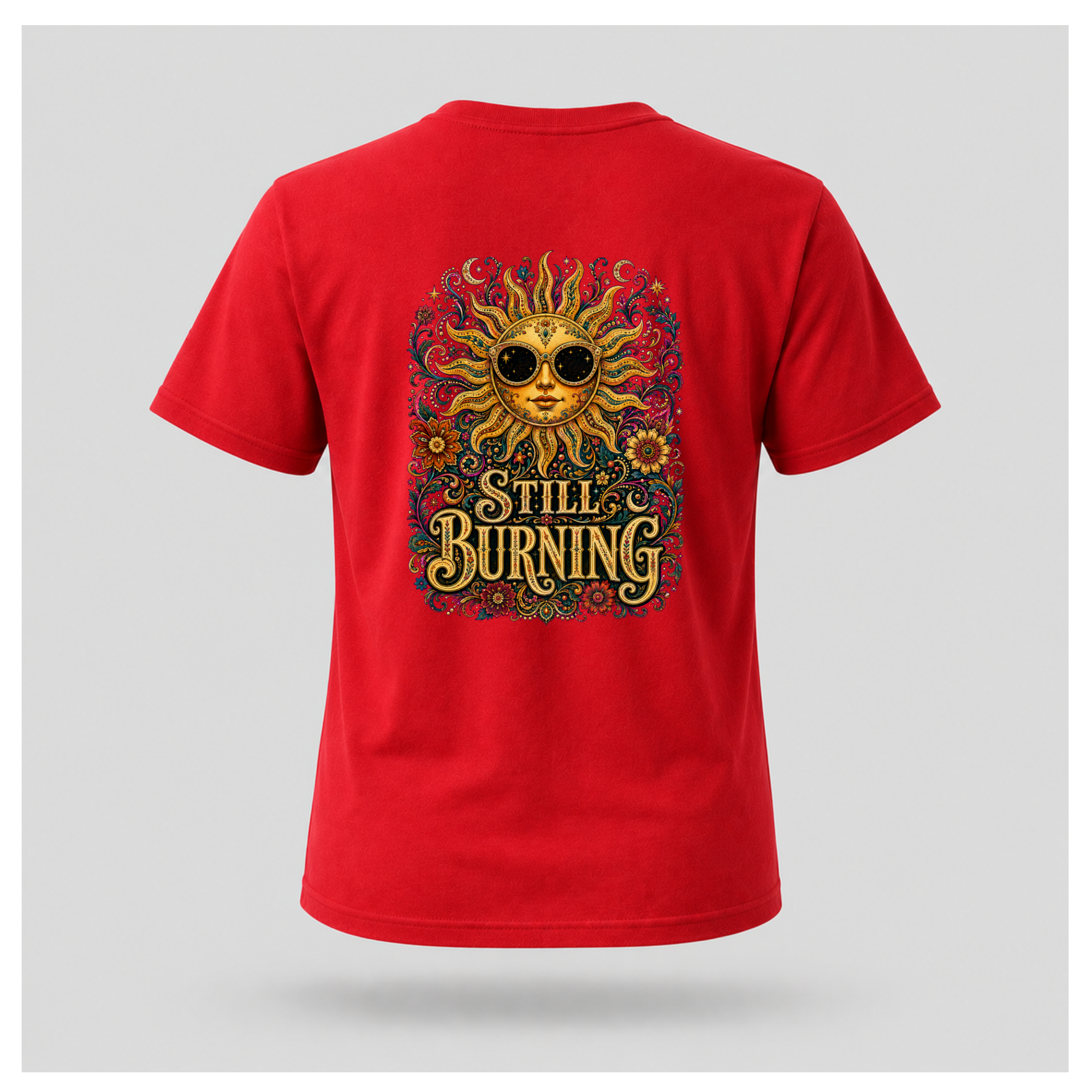 Back of a floating male form wearing the Red Still Burning Sun Spirit Tee featuring an ornate celestial sun with floral artwork and the words "Still Burning" by RIOTTEES.