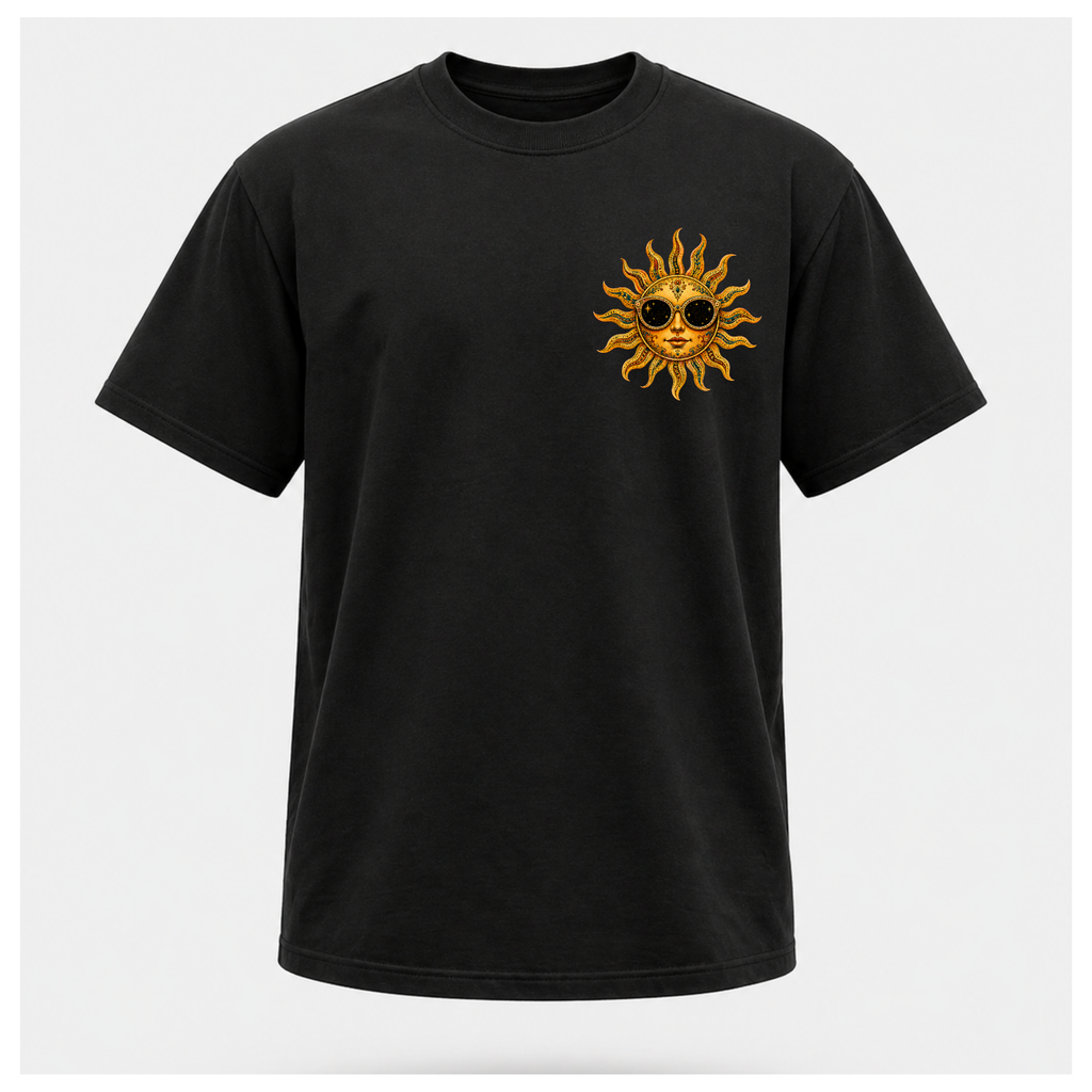 Front of a floating male form wearing the Black Still Burning Sun Spirit Tee featuring a small golden sun wearing sunglasses printed on the left chest by RIOTTEES.