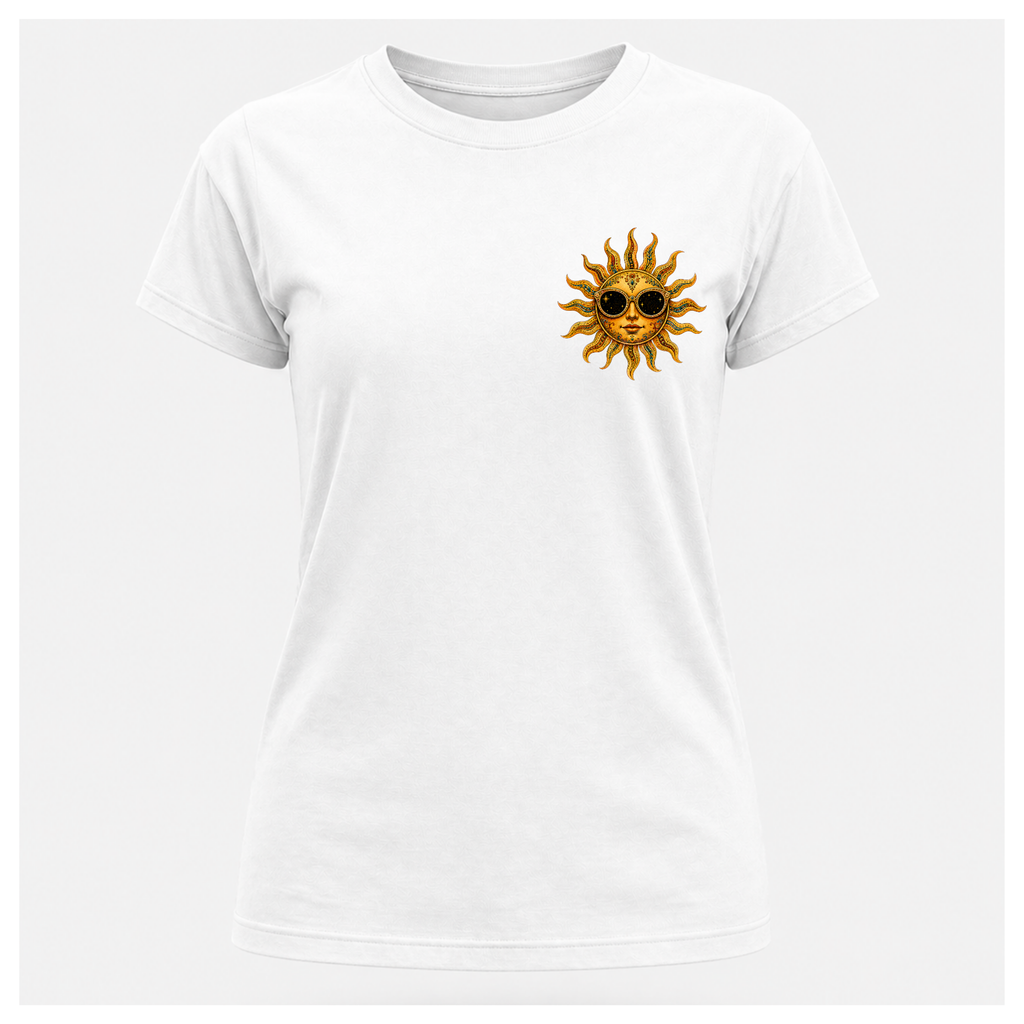 Front of a floating female form wearing the White Still Burning Sun Spirit Tee featuring a small golden sun wearing sunglasses printed on the left chest by RIOTTEES.
