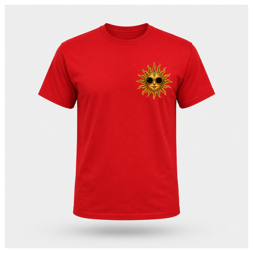 Front of a floating male form wearing the Red Still Burning Sun Spirit Tee featuring a small golden sun wearing sunglasses printed on the left chest by RIOTTEES.
