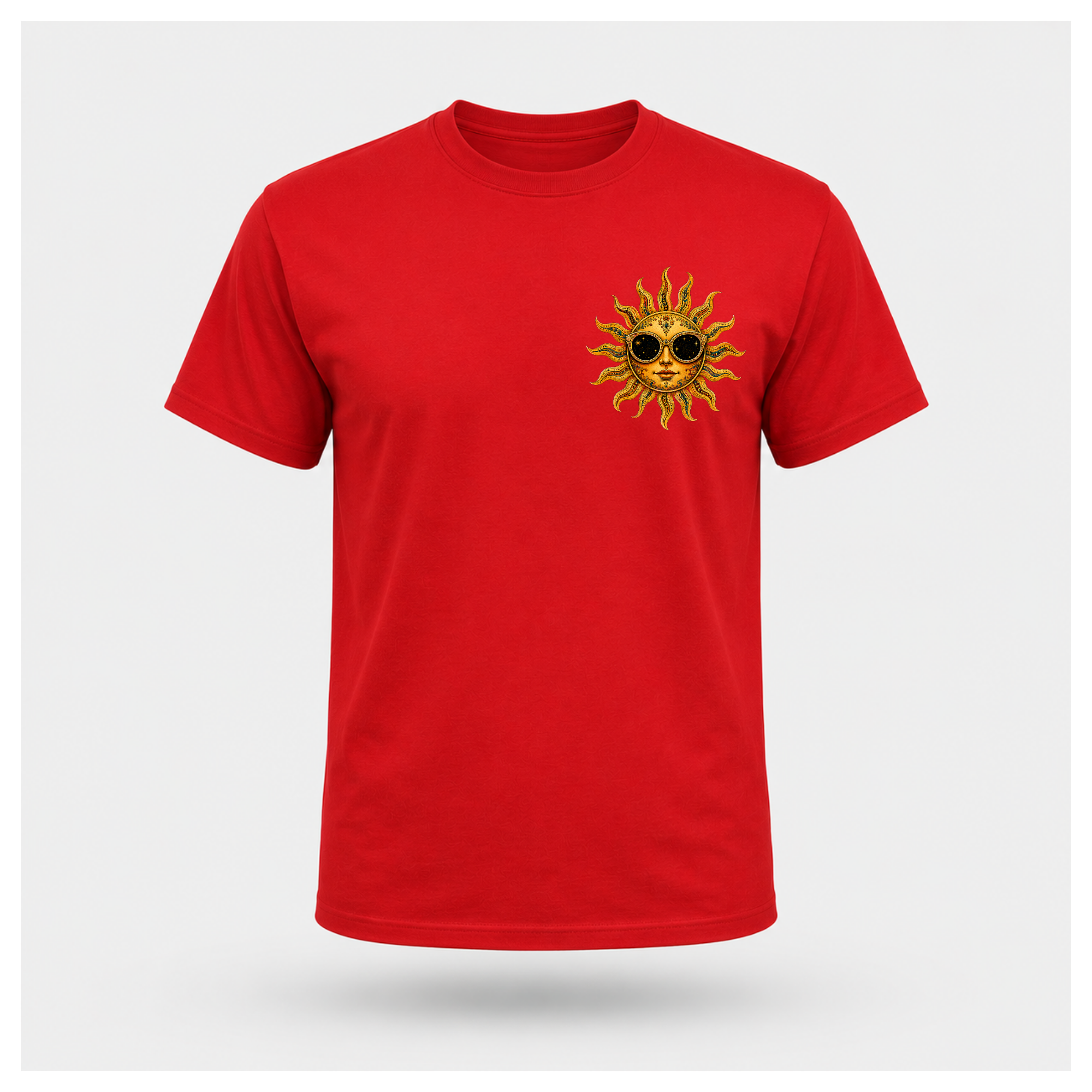 Front of a floating male form wearing the Red Still Burning Sun Spirit Tee featuring a small golden sun wearing sunglasses printed on the left chest by RIOTTEES.