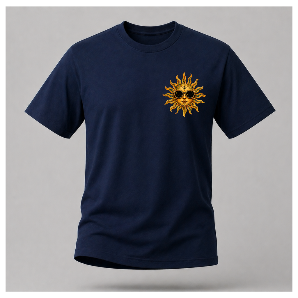 Front of a floating male form wearing the Navy Blue Still Burning Sun Spirit Tee featuring a small golden sun wearing sunglasses printed on the left chest by RIOTTEES.