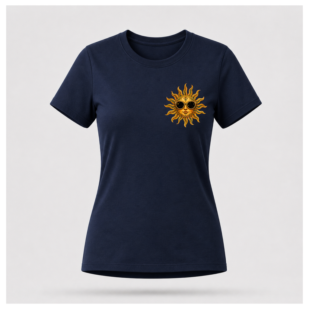 Front of a floating female form wearing the Navy Blue Still Burning Sun Spirit Tee featuring a small golden sun wearing sunglasses printed on the left chest by RIOTTEES.