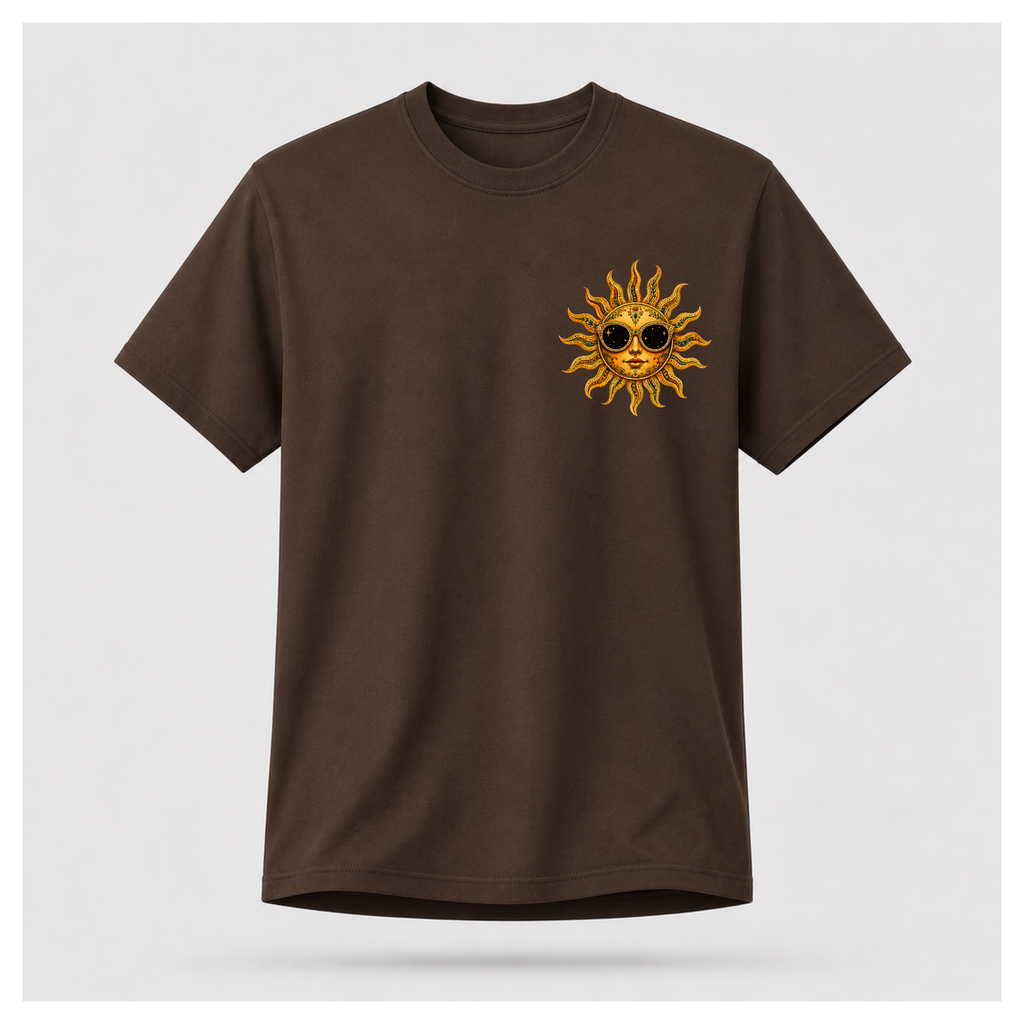 Front of a floating male form wearing the Chocolate Brown Still Burning Sun Spirit Tee featuring a small golden sun wearing sunglasses printed on the left chest by RIOTTEES.