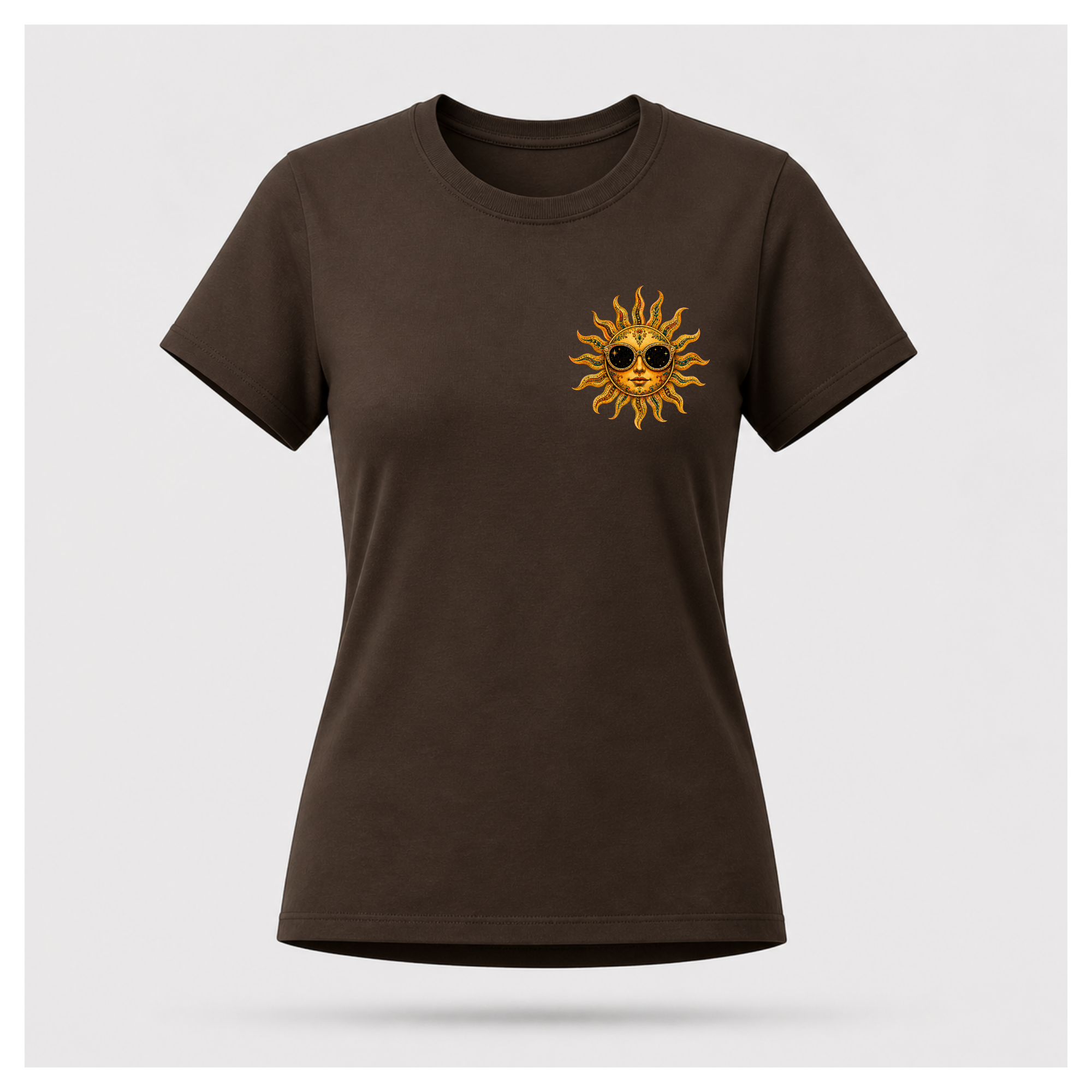 Front of a floating female form wearing the Chocolate Brown Still Burning Sun Spirit Tee featuring a small golden sun wearing sunglasses printed on the left chest by RIOTTEES.