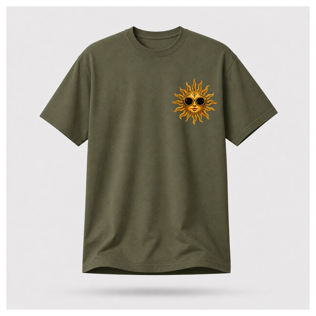 Front of a floating male form wearing the Military Green Still Burning Sun Spirit Tee featuring a small golden sun wearing sunglasses printed on the left chest by RIOTTEES.