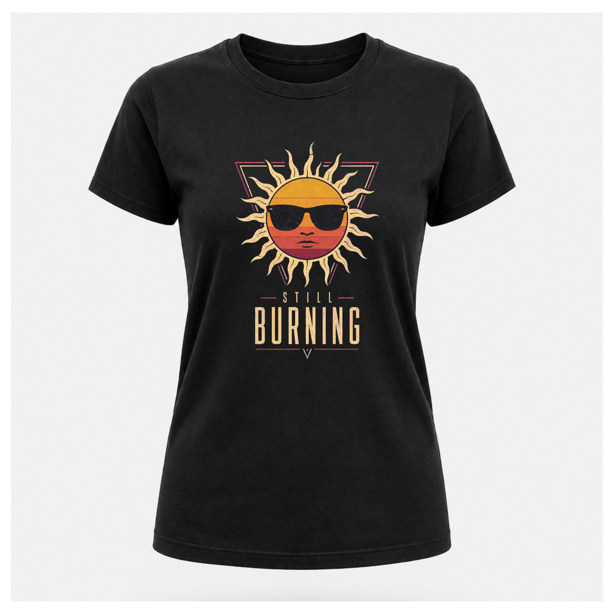 Floating female form wearing the Black Still Burning Sunset Prism Gildan 5000 T-shirt featuring the vintage sunset face wearing sunglasses graphic with Still Burning typography by RIOTTEES.