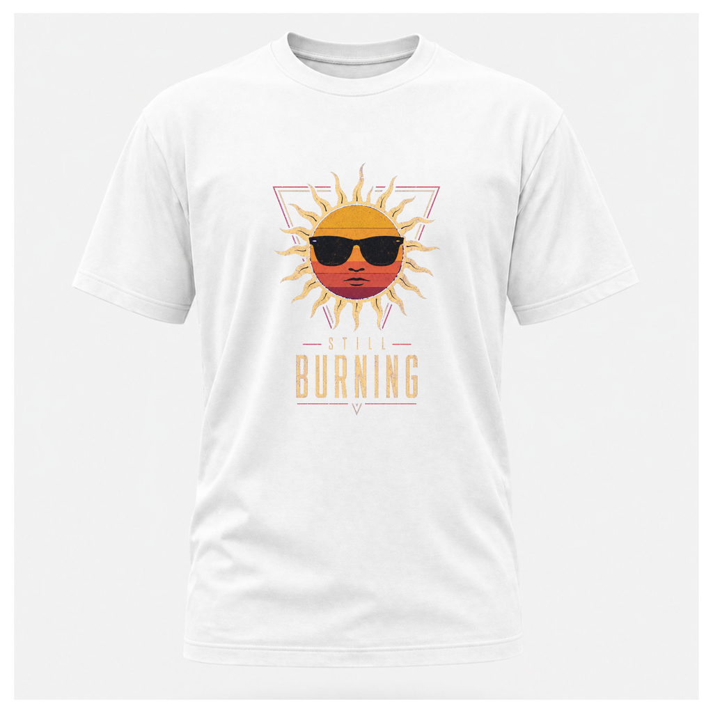 Floating male form wearing the White Still Burning Sunset Prism Gildan 5000 T-shirt featuring the vintage sunset face wearing sunglasses graphic with Still Burning typography by RIOTTEES.