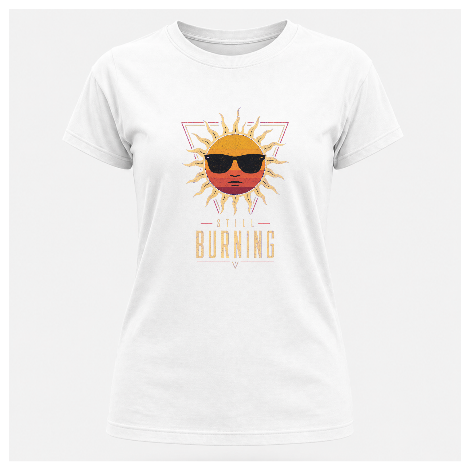 Floating female form wearing the White Still Burning Sunset Prism Gildan 5000 T-shirt featuring the vintage sunset face wearing sunglasses graphic with Still Burning typography by RIOTTEES.