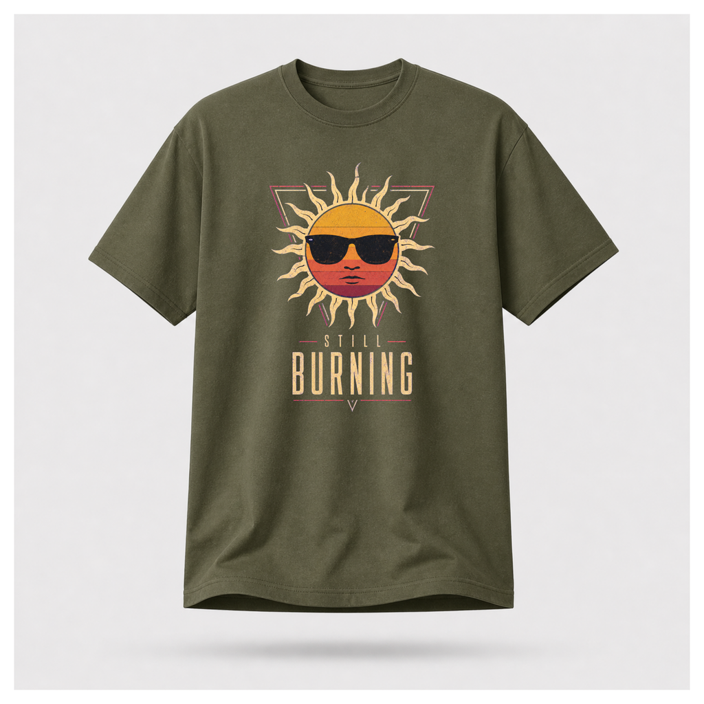 Floating male form wearing the Military Green Still Burning Sunset Prism Gildan 5000 T-shirt featuring the vintage sunset face wearing sunglasses graphic with Still Burning typography by RIOTTEES.
