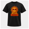 Black Still Burning Vintage Tee shown from the front on a floating male form with the Still Burning vintage sun artwork clearly visible, by RIOTTEES.