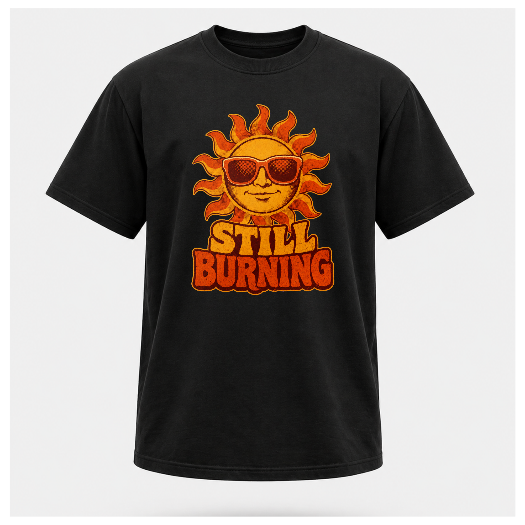 Black Still Burning Vintage Tee shown from the front on a floating male form with the Still Burning vintage sun artwork clearly visible, by RIOTTEES.