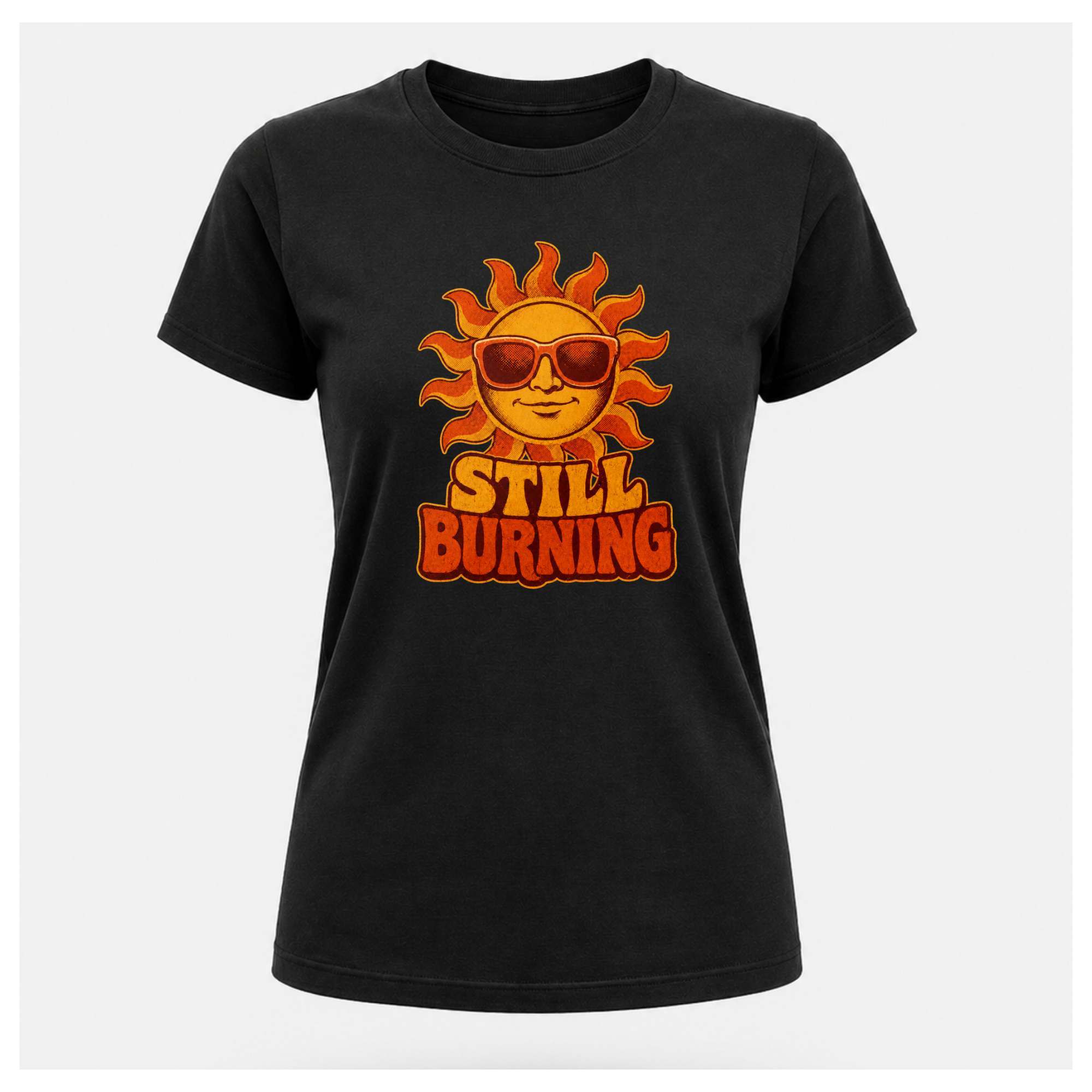 Black Still Burning Vintage Tee shown from the front on a floating female form with the Still Burning vintage sun artwork clearly visible, by RIOTTEES.