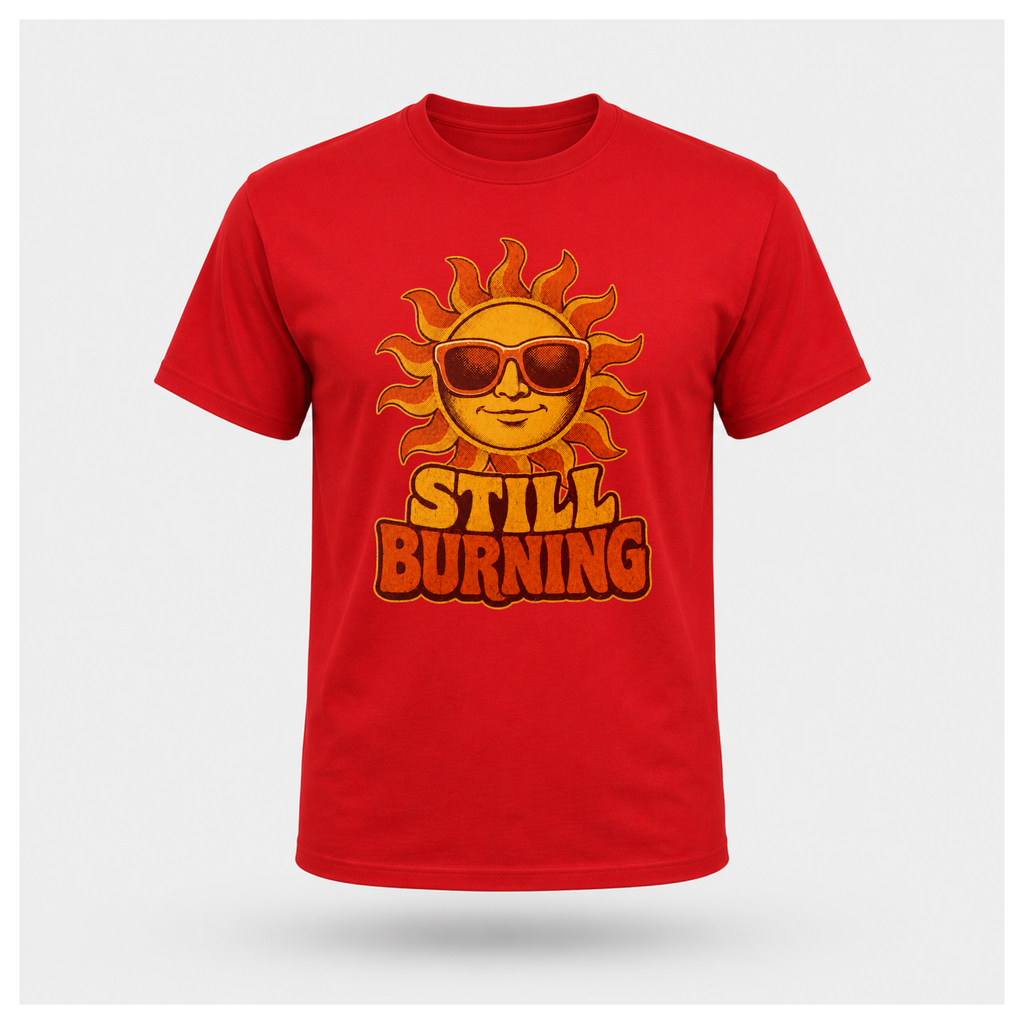 Red Still Burning Vintage Tee shown from the front on a floating male form with the Still Burning vintage sun artwork clearly visible, by RIOTTEES.