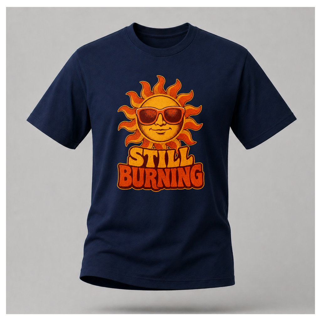 Navy Blue Still Burning Vintage Tee shown from the front on a floating male form with the Still Burning vintage sun artwork clearly visible, by RIOTTEES.
