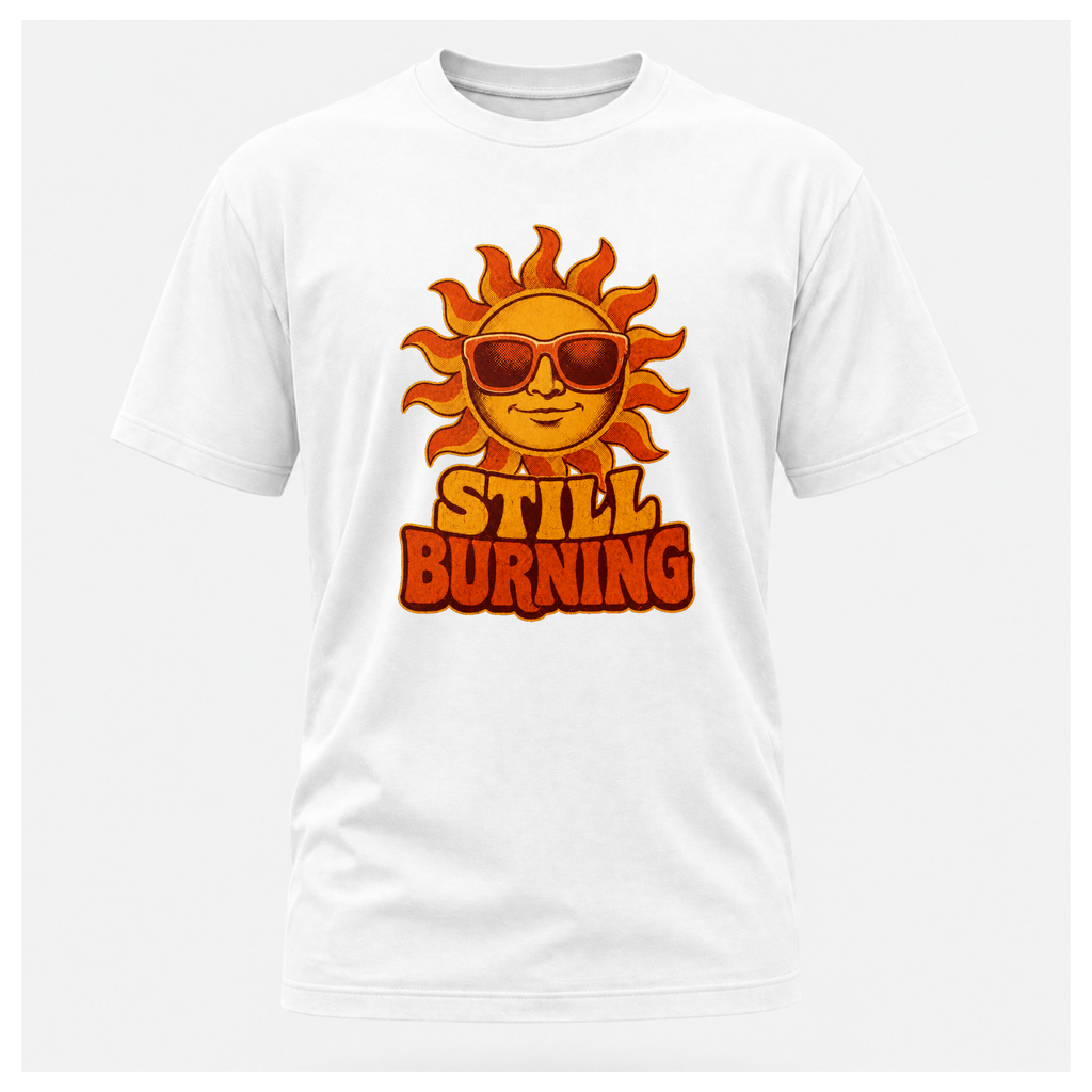 White Still Burning Vintage Tee shown from the front on a floating male form with the Still Burning vintage sun artwork clearly visible, by RIOTTEES.