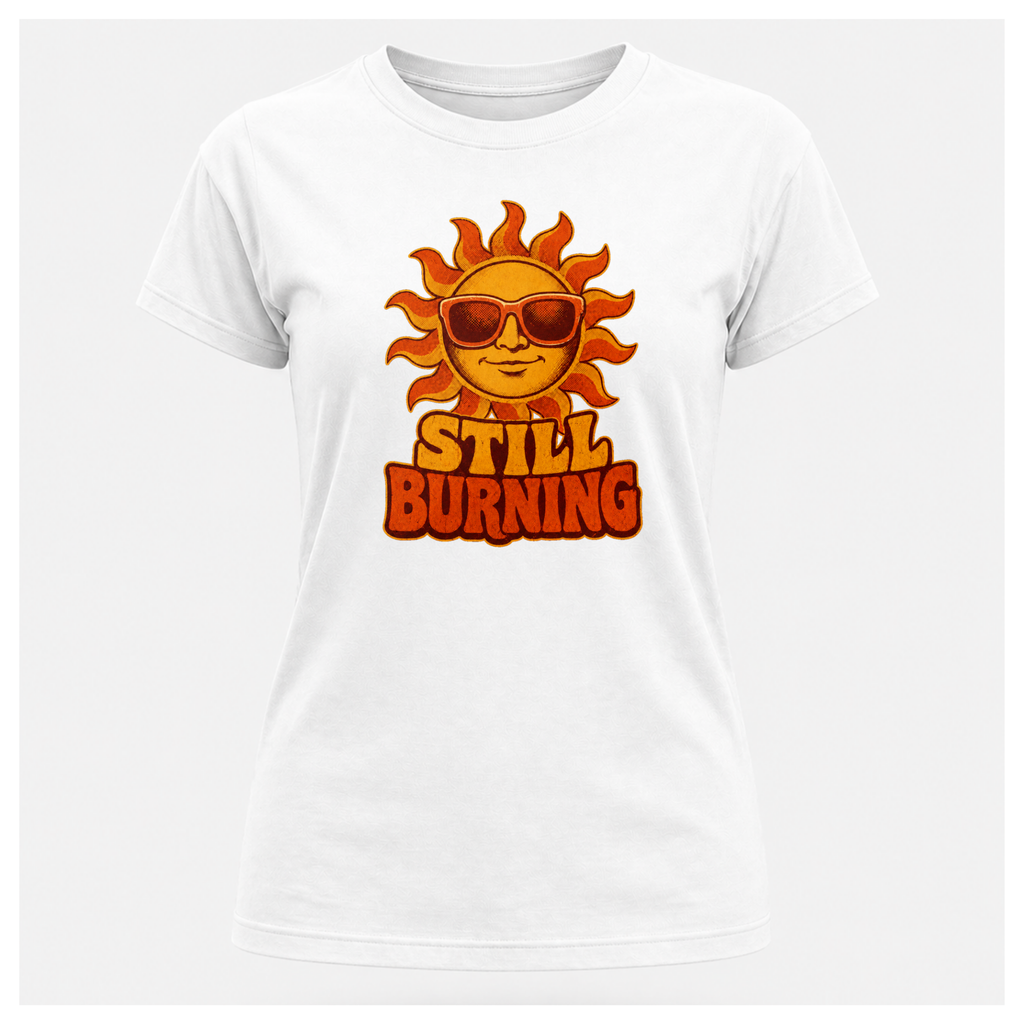White Still Burning Vintage Tee shown from the front on a floating female form with the Still Burning vintage sun artwork clearly visible, by RIOTTEES.