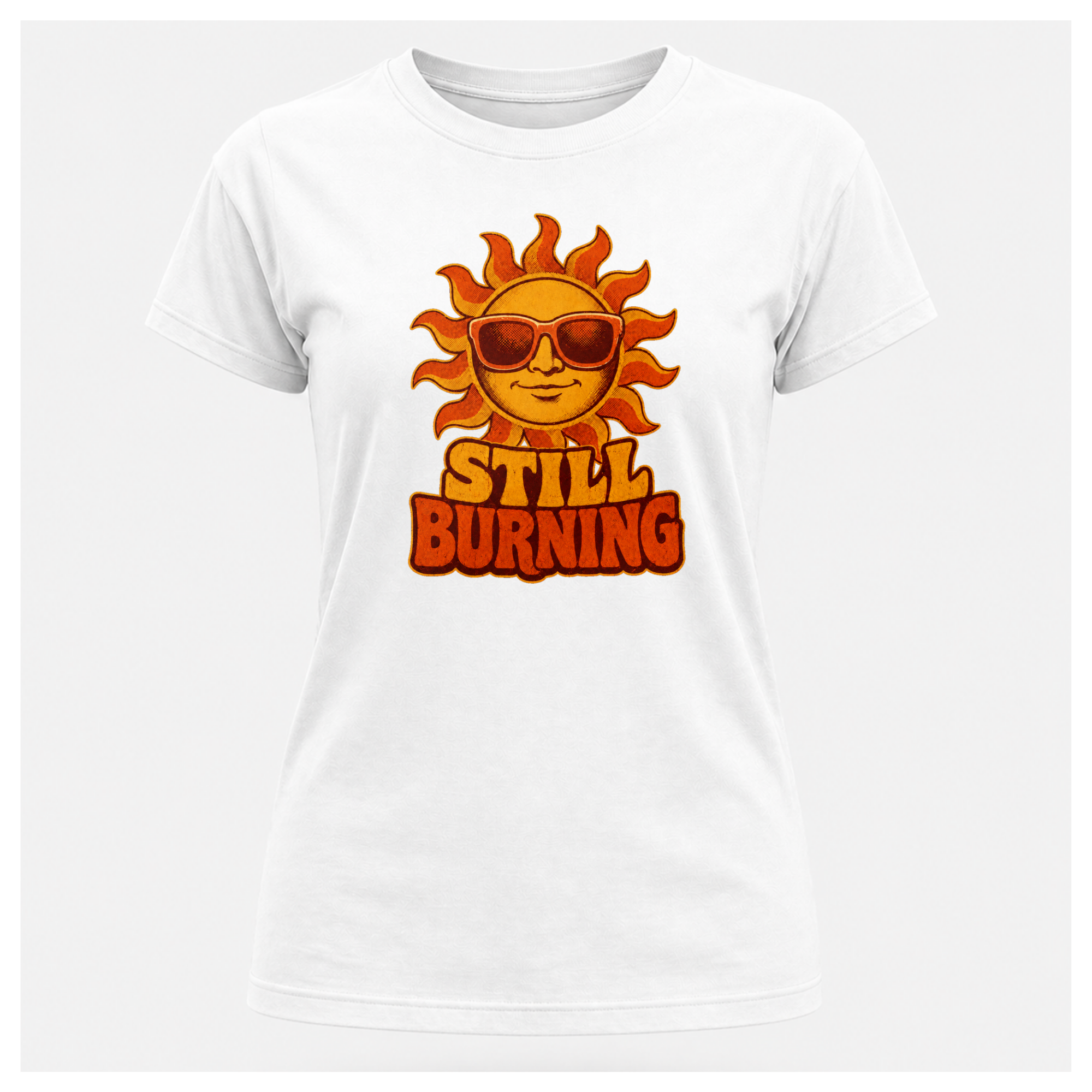 White Still Burning Vintage Tee shown from the front on a floating female form with the Still Burning vintage sun artwork clearly visible, by RIOTTEES.