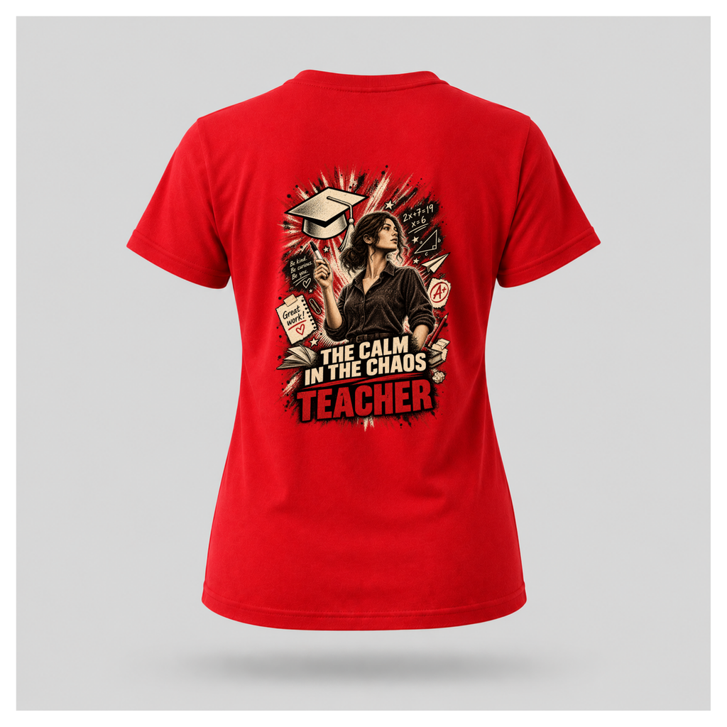 Red female floating-form T-shirt featuring the large Teacher — Calm in the Chaos back graphic with a female teacher surrounded by illustrated classroom and education symbols.