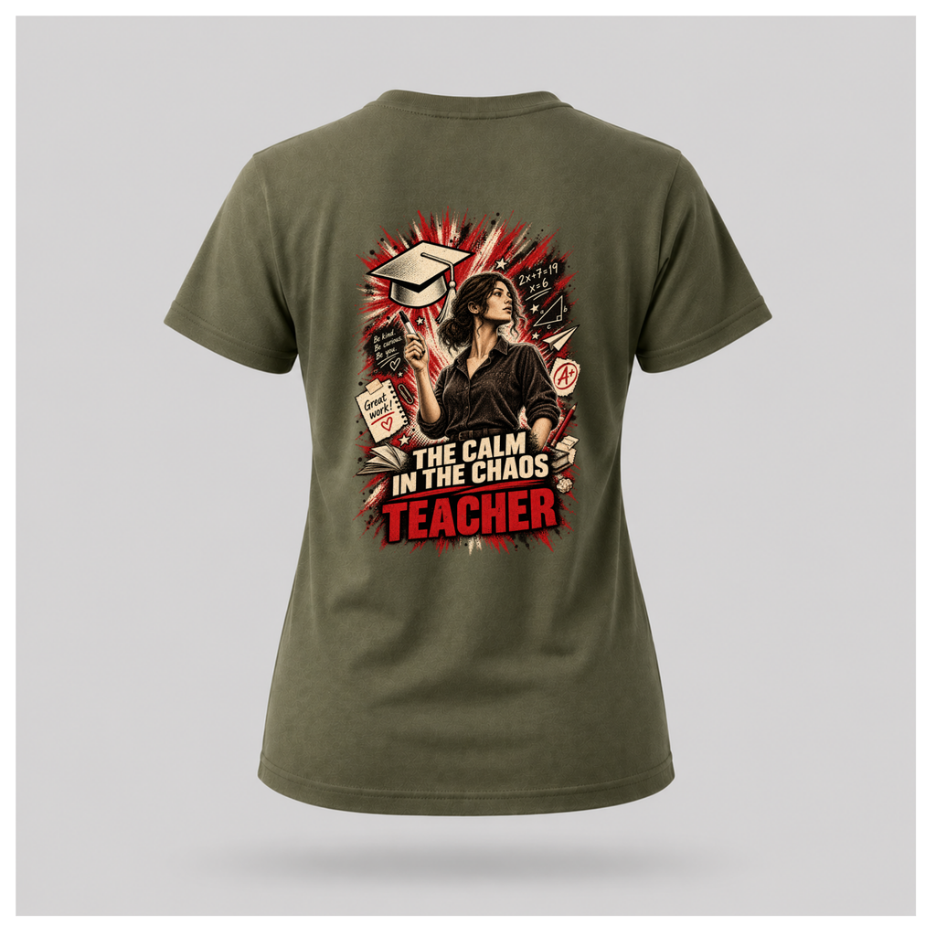 Military green female floating-form T-shirt featuring the large Teacher — Calm in the Chaos back graphic with a female teacher surrounded by illustrated classroom and education symbols.