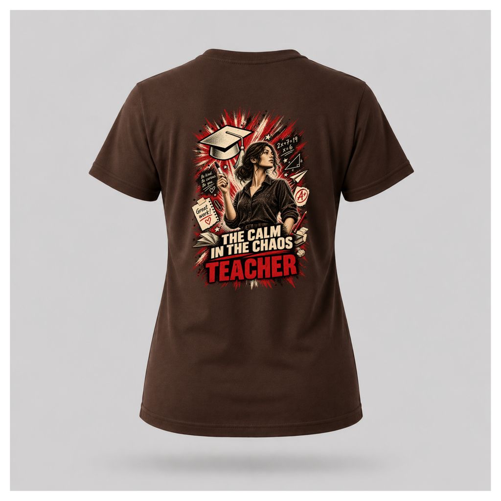 Chocolate brown female floating-form T-shirt featuring the large Teacher — Calm in the Chaos back graphic with a female teacher surrounded by illustrated classroom and education symbols.
