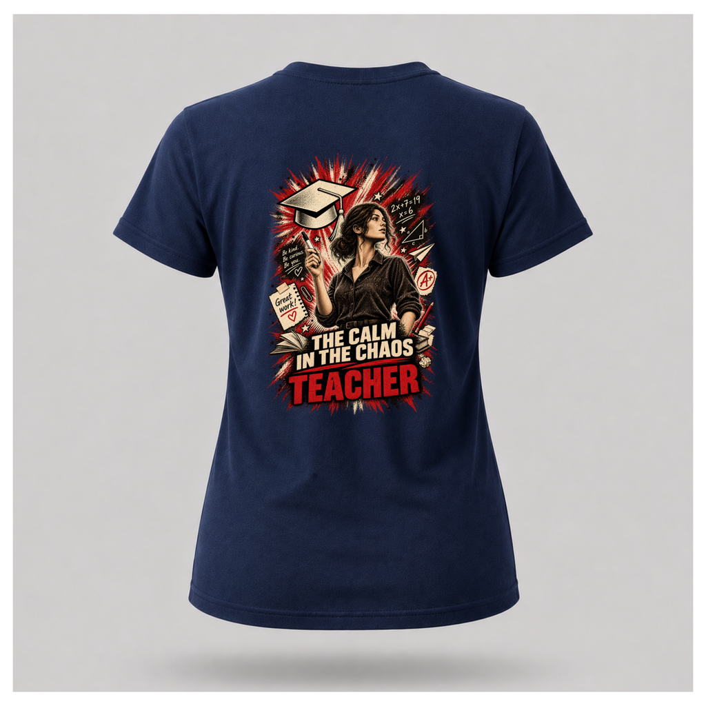 Navy blue female floating-form T-shirt featuring the large Teacher — Calm in the Chaos back graphic with a female teacher surrounded by illustrated classroom and education symbols.
