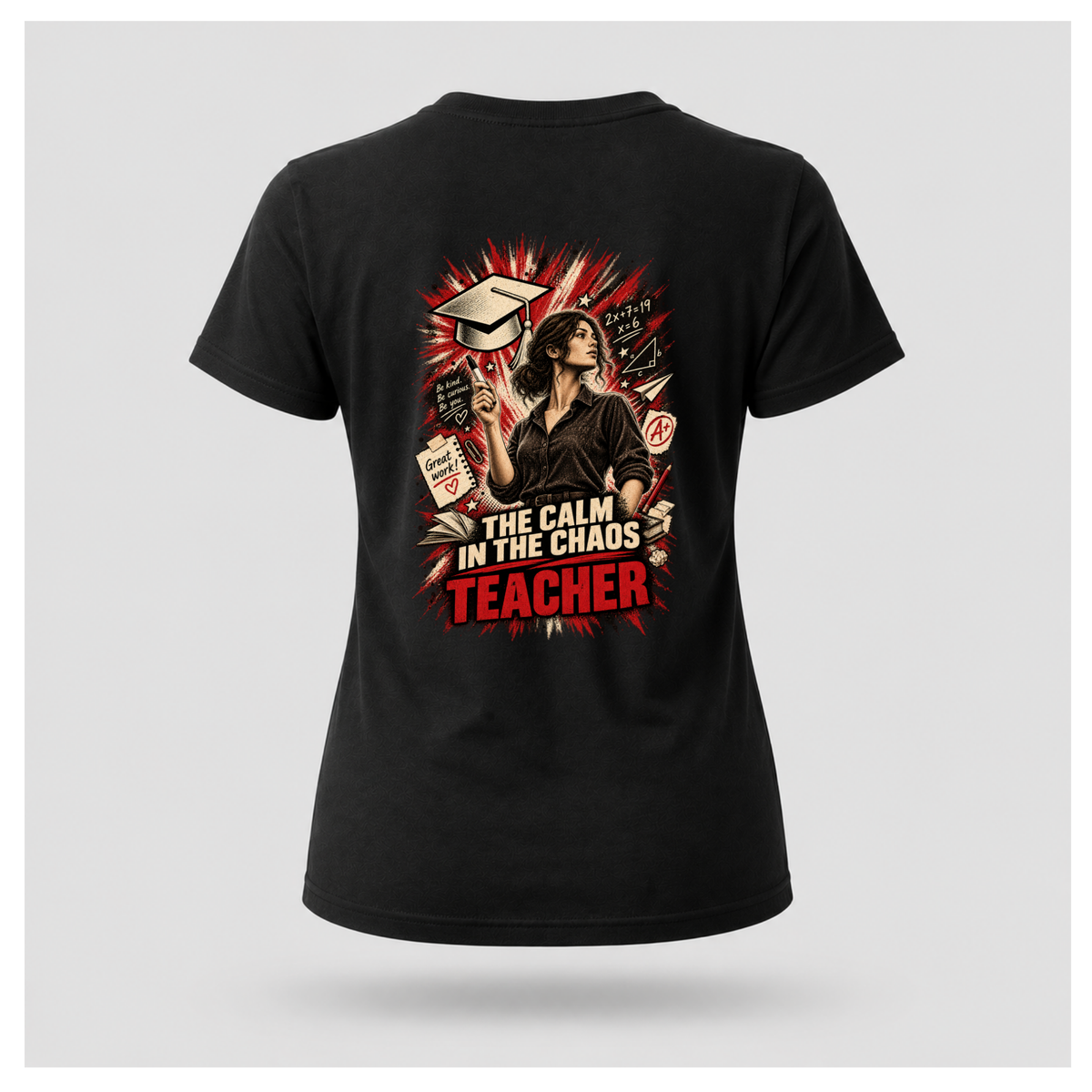 Black female floating-form T-shirt featuring the large Teacher — Calm in the Chaos back graphic with a female teacher surrounded by illustrated classroom and education symbols.