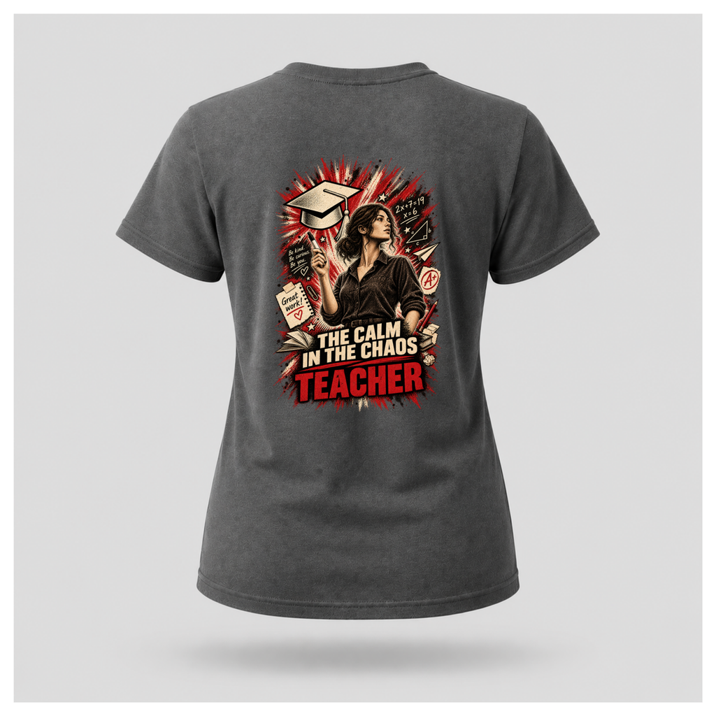 Charcoal grey female floating-form T-shirt featuring the large Teacher — Calm in the Chaos back graphic with a female teacher surrounded by illustrated classroom and education symbols.