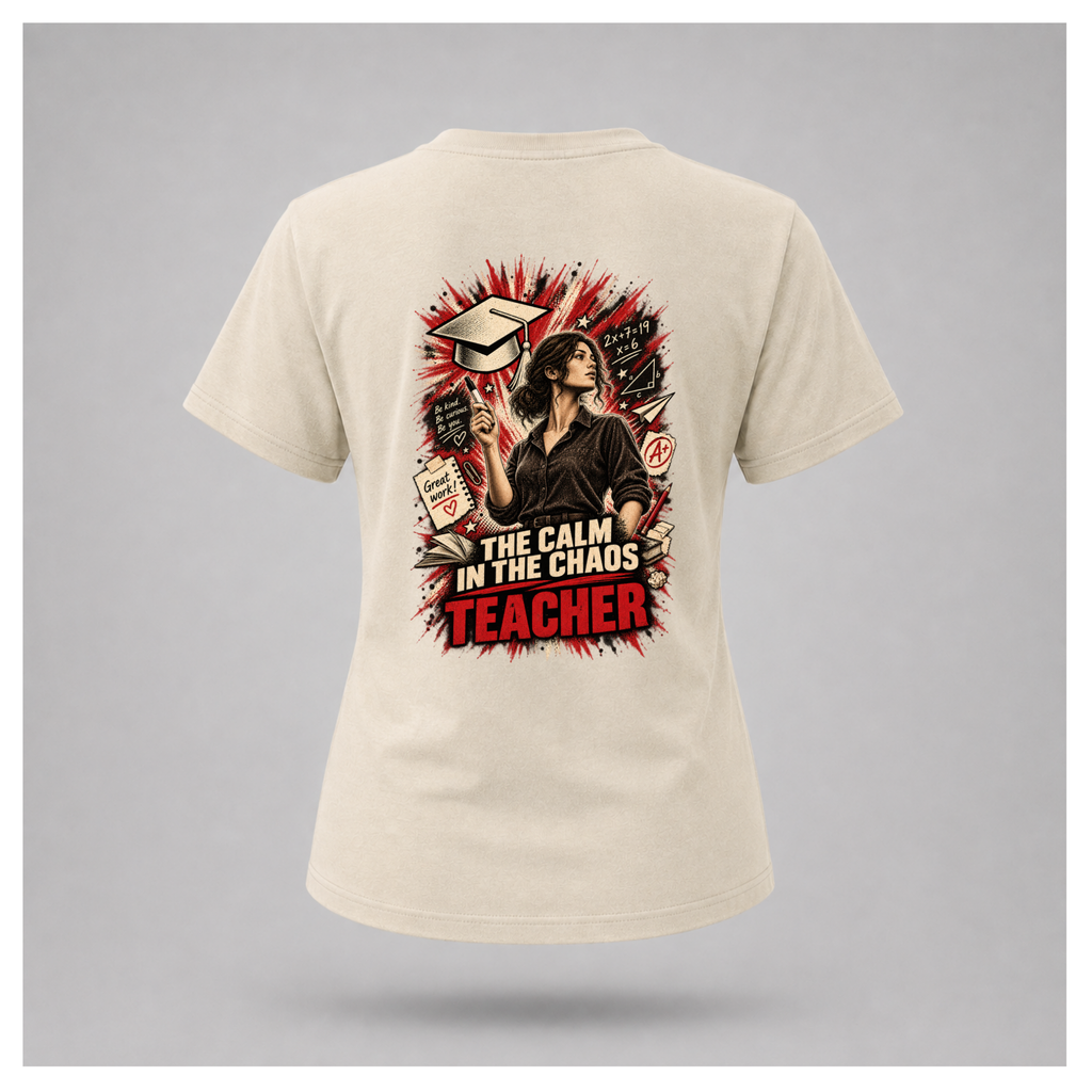 Sand female floating-form T-shirt featuring the large Teacher — Calm in the Chaos back graphic with a female teacher surrounded by illustrated classroom and education symbols.