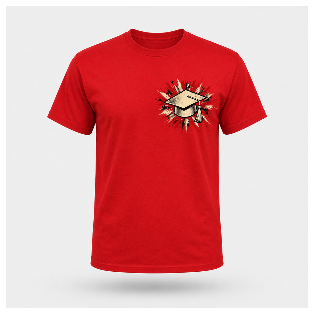 Red male floating-form T-shirt featuring the Teacher — Calm in the Chaos front graphic of a graduation cap against a distressed red, cream and black burst.