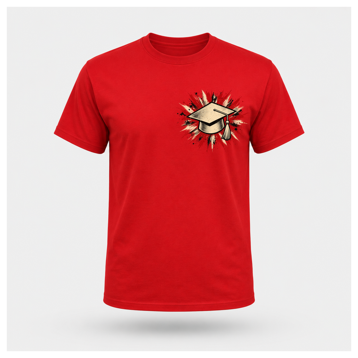 Red male floating-form T-shirt featuring the Teacher — Calm in the Chaos front graphic of a graduation cap against a distressed red, cream and black burst.