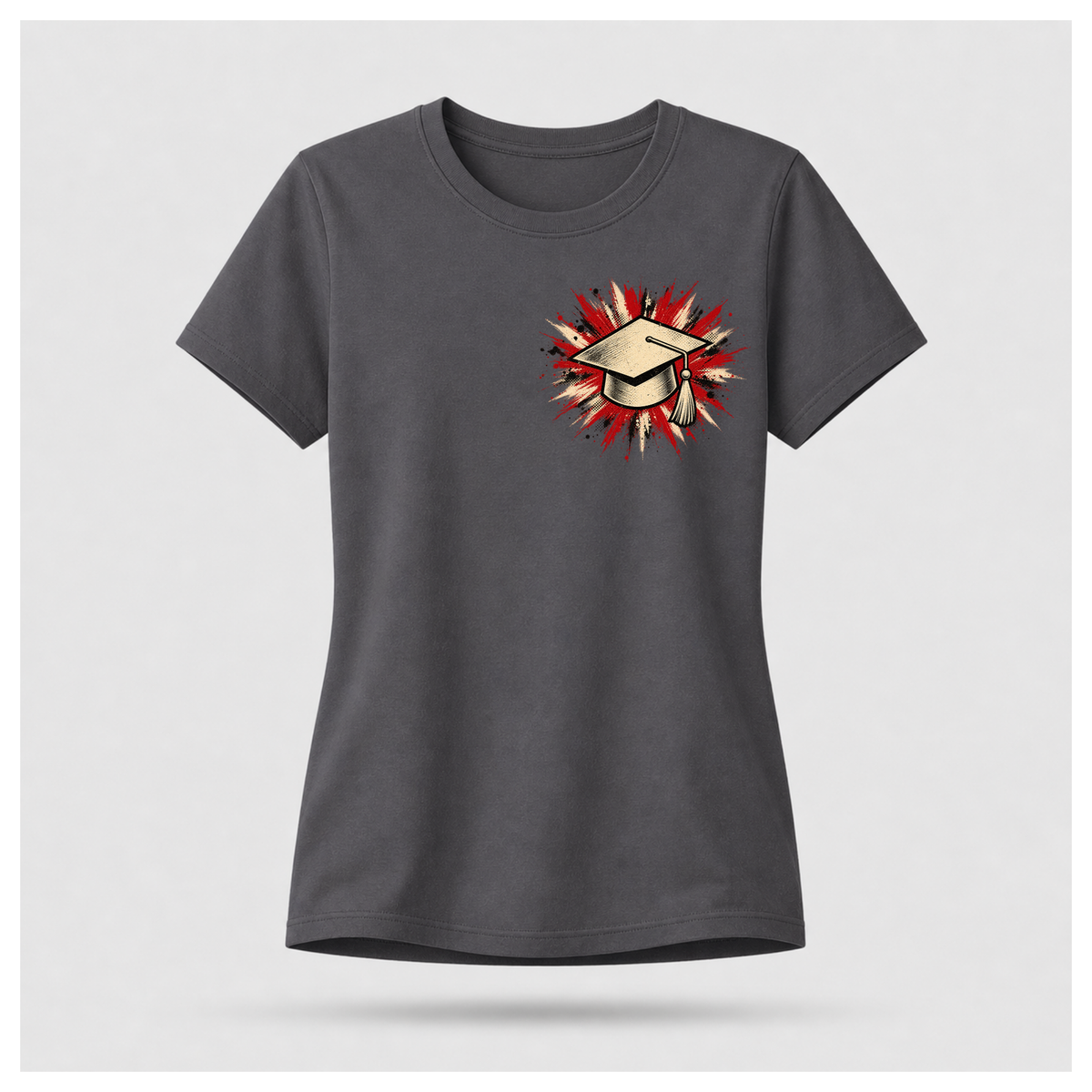 Charcoal grey female floating-form T-shirt featuring the Teacher — Calm in the Chaos front graphic of a graduation cap against a distressed red, cream and black burst.